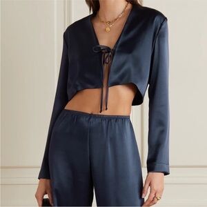 LESET Midnight Blue Satin Barb Long Sleeve Tie Top